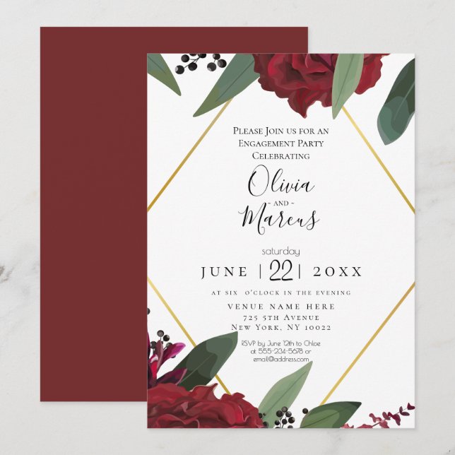 ENGAGEMENT | Elegant Rich Burgundy Marsala Floral Invitation (Front/Back)
