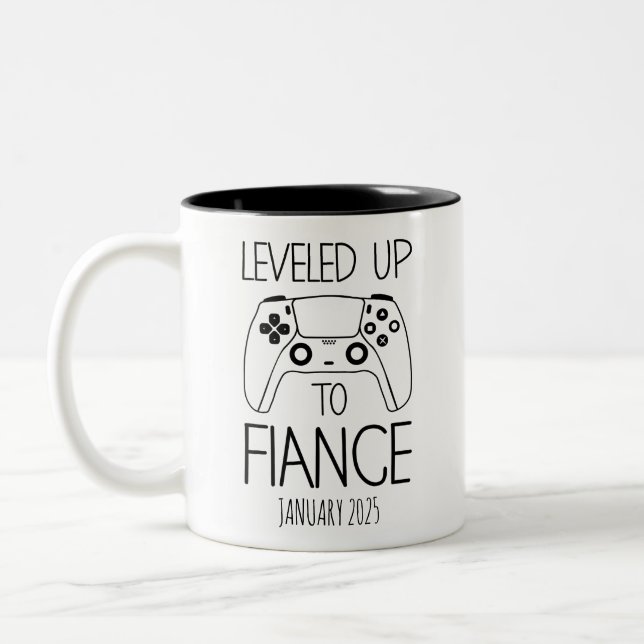 Engagement Gift for Him, LEVELED UP TO FIANCE  Two-Tone Coffee Mug (Left)