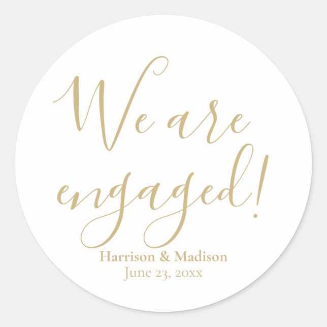 Engagement gold custom script announcement favour classic round sticker (Front)