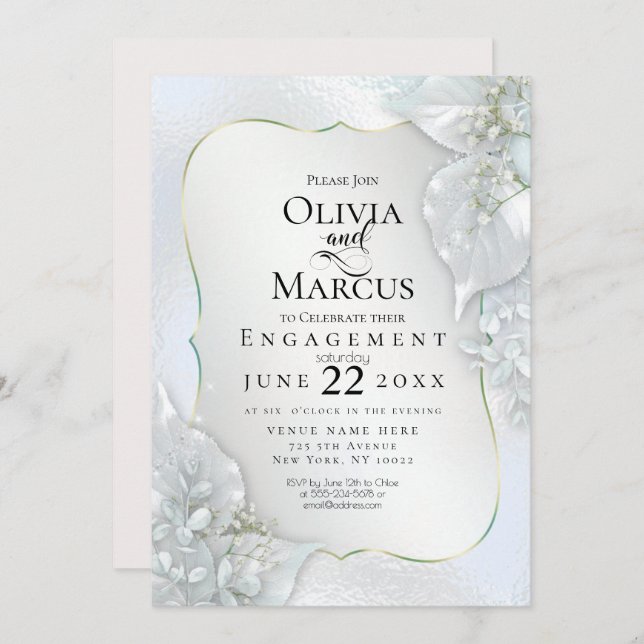ENGAGEMENT | Icy Blue Shimmer Leaves Invitation (Front/Back)