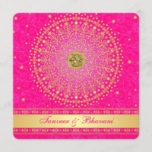 Engagement Invitation   Ganesh Pink Gold Scrolls