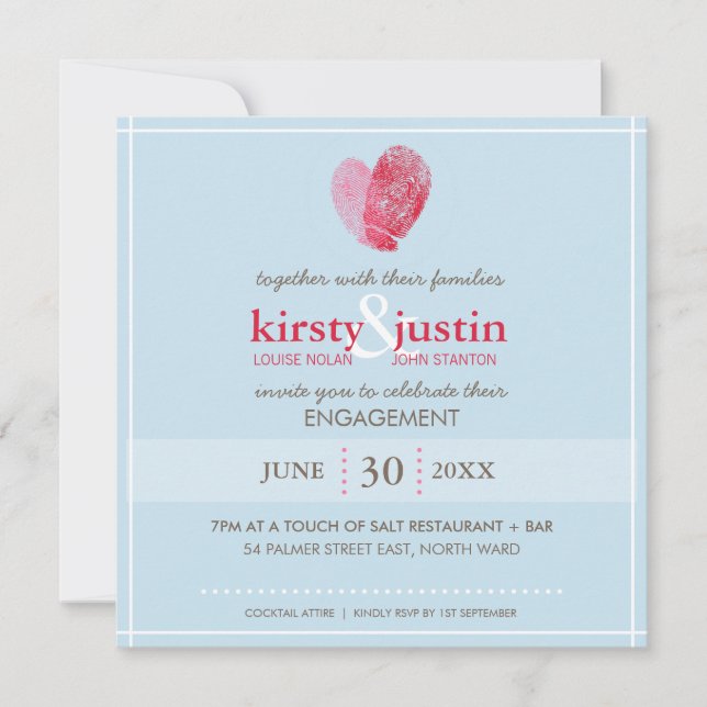 ENGAGEMENT INVITE modern fingerprint heart blue (Front)