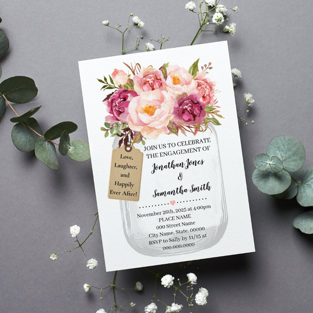 Engagement Mason jar wedding Pink floral Invitation (Creator Uploaded)