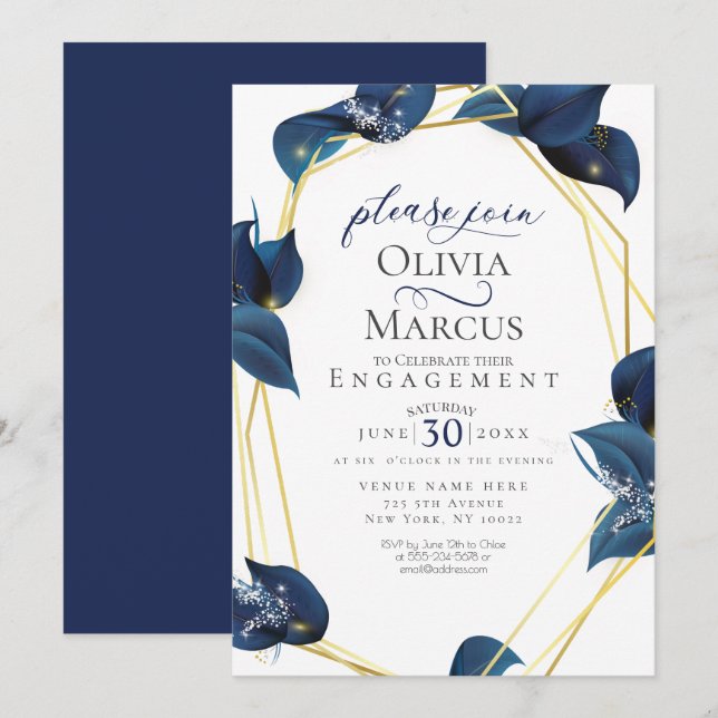 Engagement Modern Deep Indigo Blue and Gold Invitation (Front/Back)