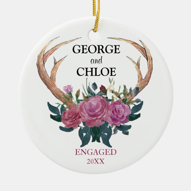 Engagement ornament | Antler floral 1st Christmas (Front)
