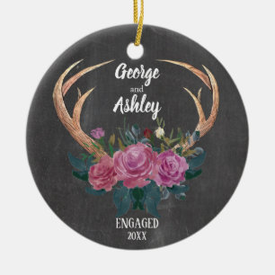 Engagement ornament Antler floral 1st Christmas