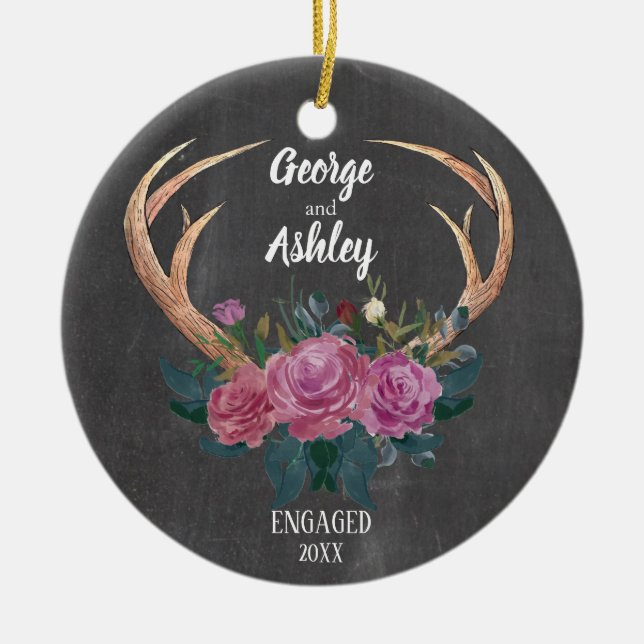 Engagement ornament | Antler floral 1st Christmas (Front)