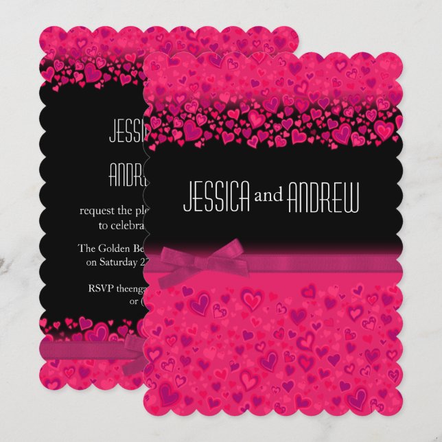 Engagement party black and pink hearts invitation (Front/Back)