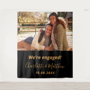 Engagement party black gold photo tapestry