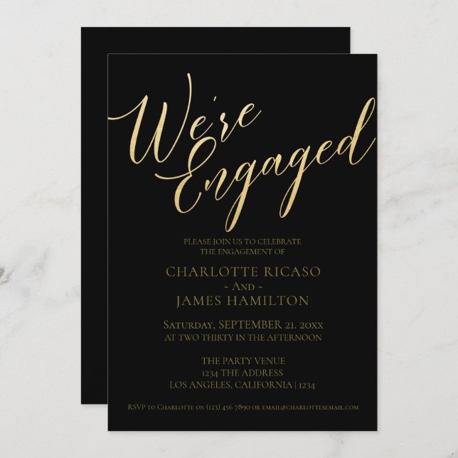 Engagement Party Black Gold Typography Invitation (Front/Back)
