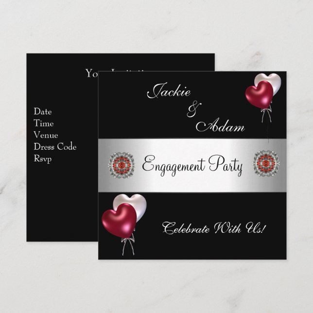 Engagement Party Black Red White Balloons Invitation (Front/Back)