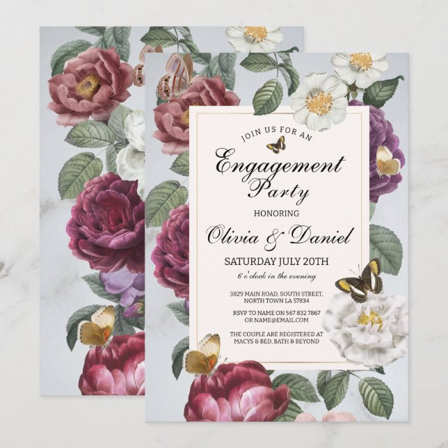Engagement Party Bloom Butterfly Floral Vintage Invitation (Front/Back)