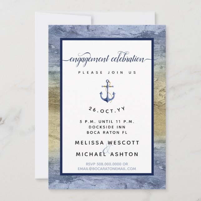 Engagement Party Blue Gold Watercolor #Nautical Invitation (Front)