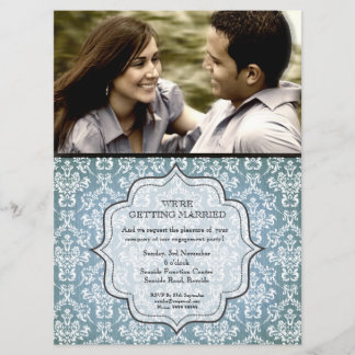 Engagement Party Blue Grunge Damask Photo Invite