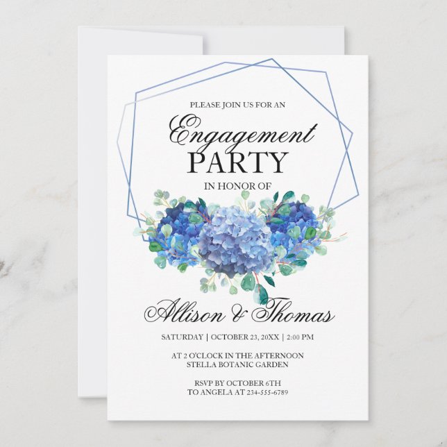 Engagement party blue hydrangea eucalyptus greener invitation (Front)