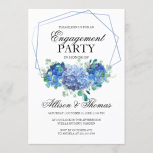 Engagement party blue hydrangea eucalyptus greener invitation