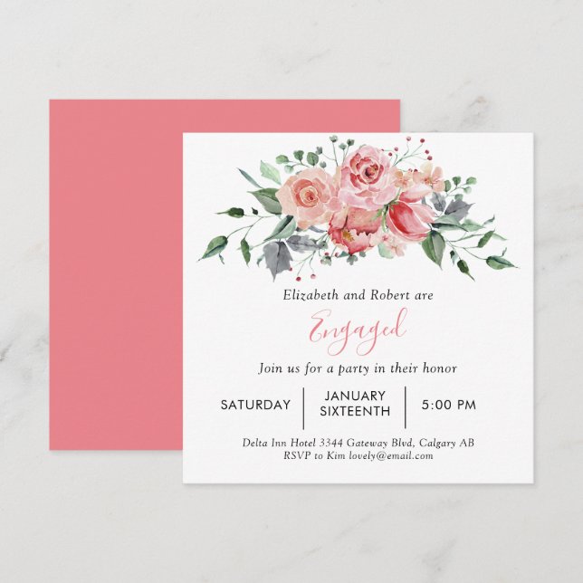 Engagement Party Blush Pink Rose Script Floral Invitation (Front/Back)