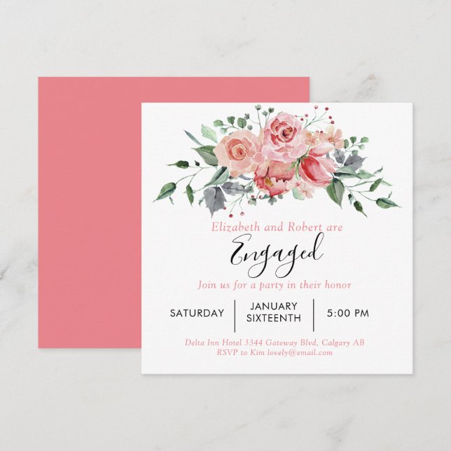 Engagement Party Blush Pink Rose Script Floral Invitation (Front/Back)