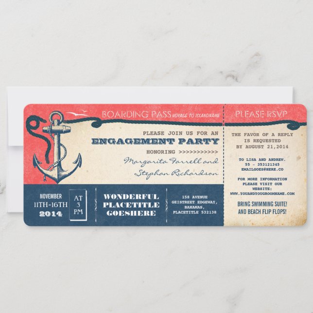 engagement party boarding pass-tickets with RSVP Invitation (Front)