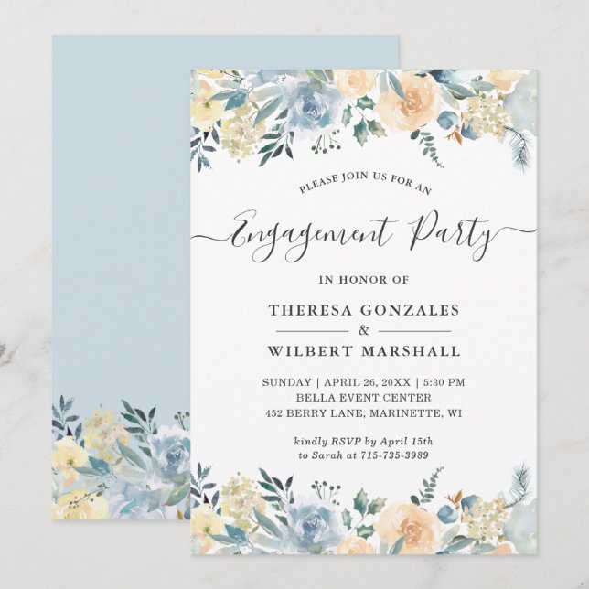 Engagement Party Bohemian Vanilla Blue Floral Invitation (Front/Back)