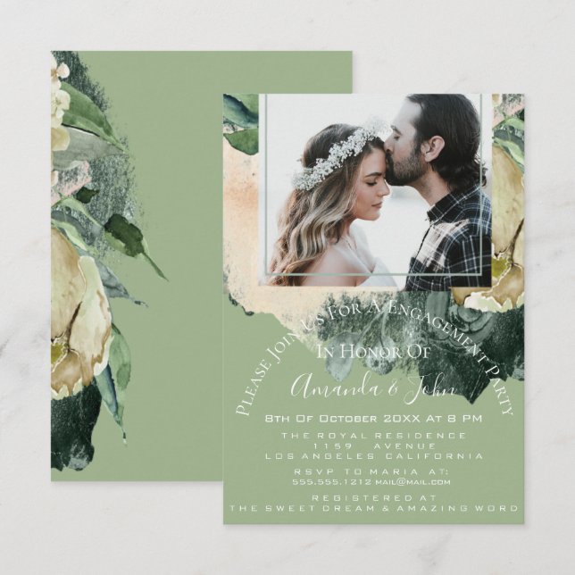 Engagement Party Bridal Shower Photo Mint Floral Invitation (Front/Back)