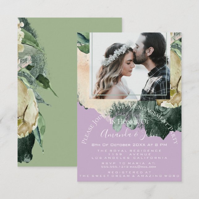 Engagement Party Bridal Shower Photo Purple Floral Invitation (Front/Back)