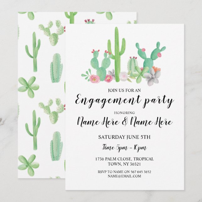 Engagement Party Cactus Cacti Watercolor Invite (Front/Back)