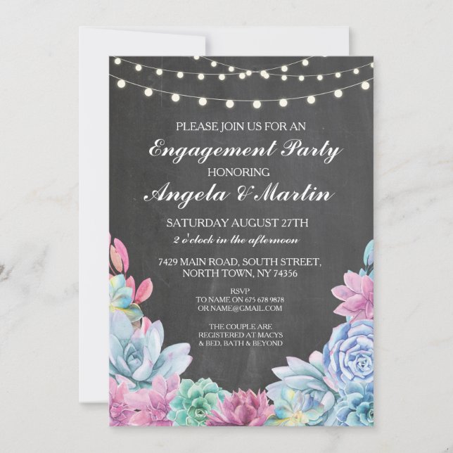 Engagement Party Chalk Lights Succulents Invite (Front)