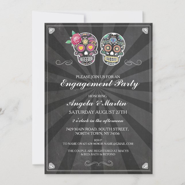 Engagement Party Chalk Sugar Skulls Couples Invite (Front)