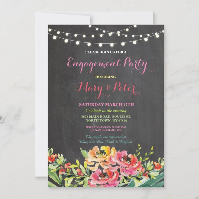 Engagement Party Chalkboard Floral Pink Invitation (Front)