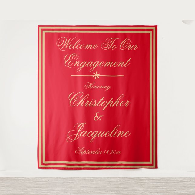 Engagement Party Chic PhotoBooth Red Gold Backdrop Tapestry (Front)