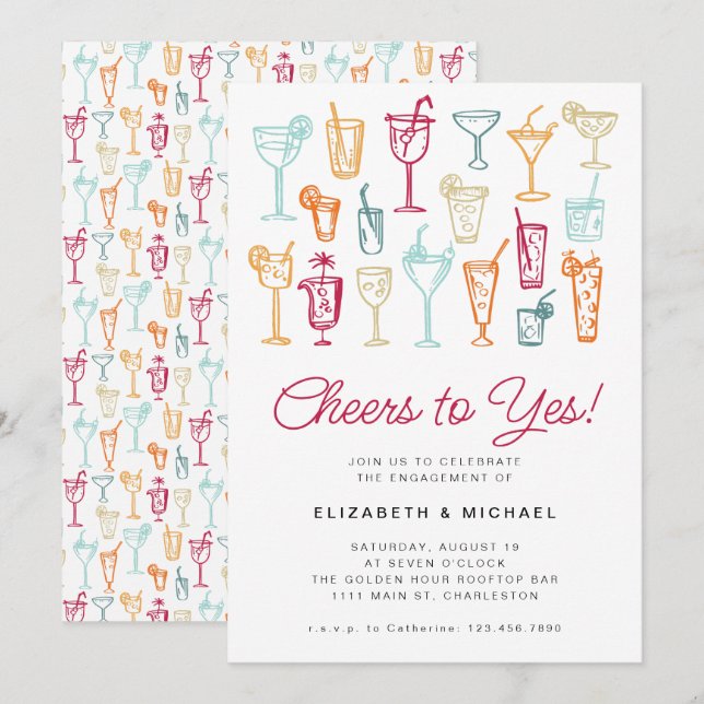 Engagement Party Cocktail Modern Hand Drawing Invitation (Front/Back)