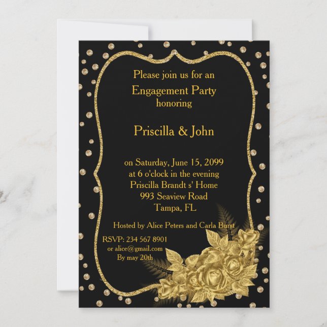 Engagement Party, cold roses & gold foil confetti Invitation (Front)