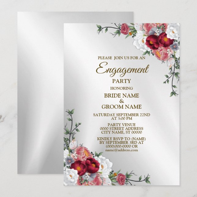 Engagement Party Colourful Red White Floral Silver Invitation (Front/Back)