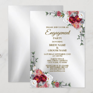 Engagement Party Colourful Red White Floral Silver Invitation