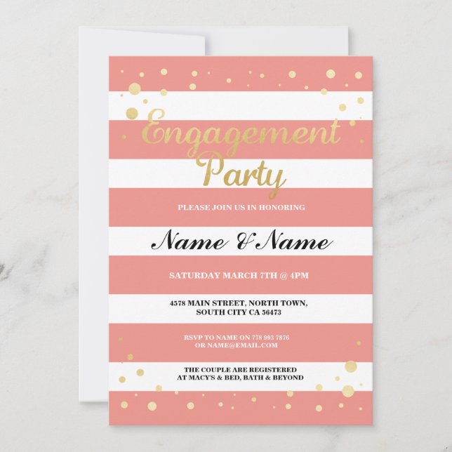 Engagement Party Coral Stripe Gold Glitter Invite (Front)