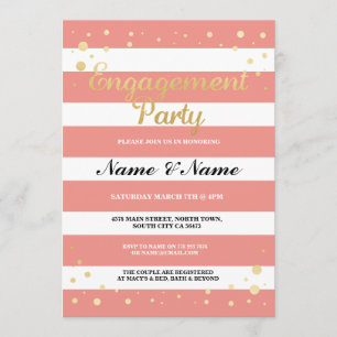 Engagement Party Coral Stripe Gold Glitter Invite