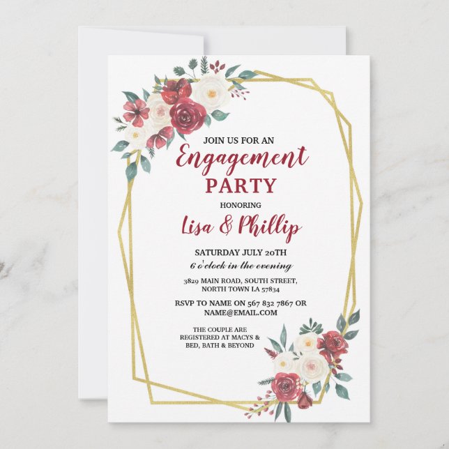 Engagement Party Couple's Shower Frame Gold Red Invitation (Front)