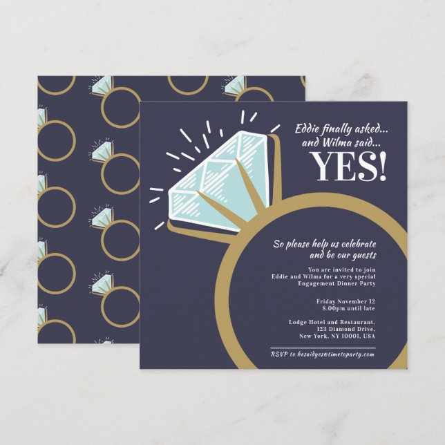 Engagement party diamond gold ring graphic invitation (Front/Back)