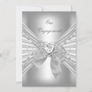Engagement Party Diamond Heart White Silver Bow 2 Invitation