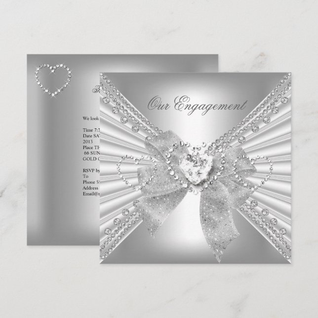 Engagement Party Diamond Heart White Silver Bow Invitation (Front/Back)