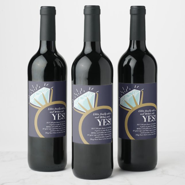 Engagement party diamond ring and fun facts  wine label (Bottles)