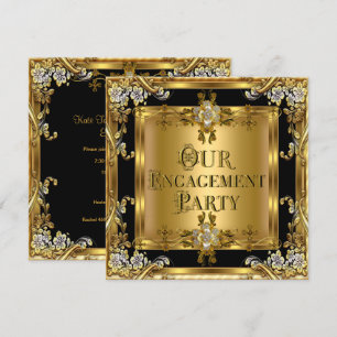 Engagement Party Elegant Gold Floral Jewel Black 2 Invitation