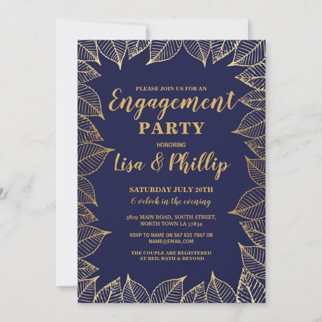 Engagement Party Fall Navy Gold Leaves Invitation (Front)