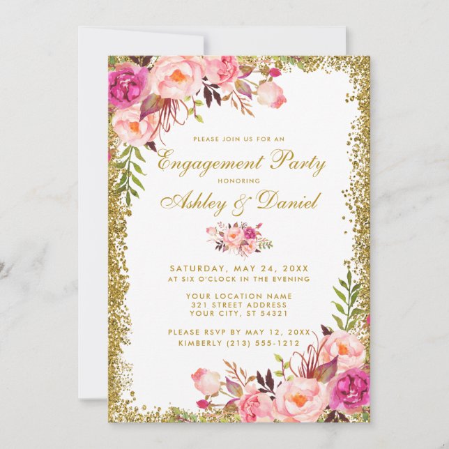 Engagement Party Floral Pink Gold Glitter Invite (Front)