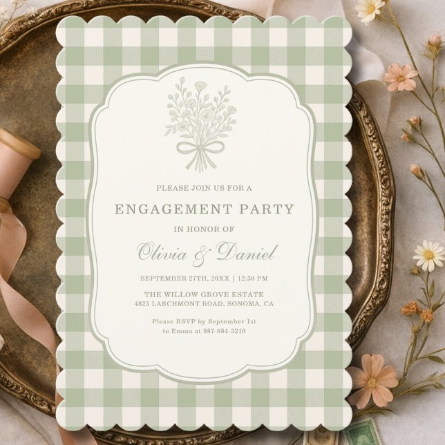 Engagement Party  Gingham Floral Sage Green Invitation (Creator Uploaded)