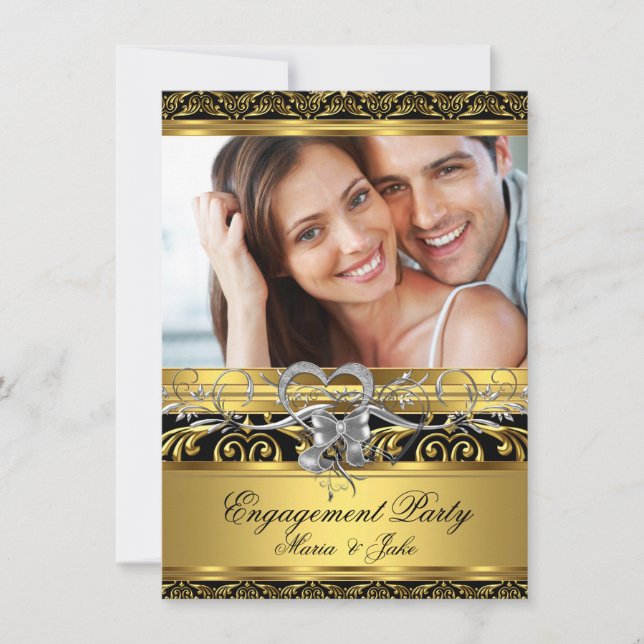 Engagement Party Gold Silver Heart Photo 4 Invitation (Front)