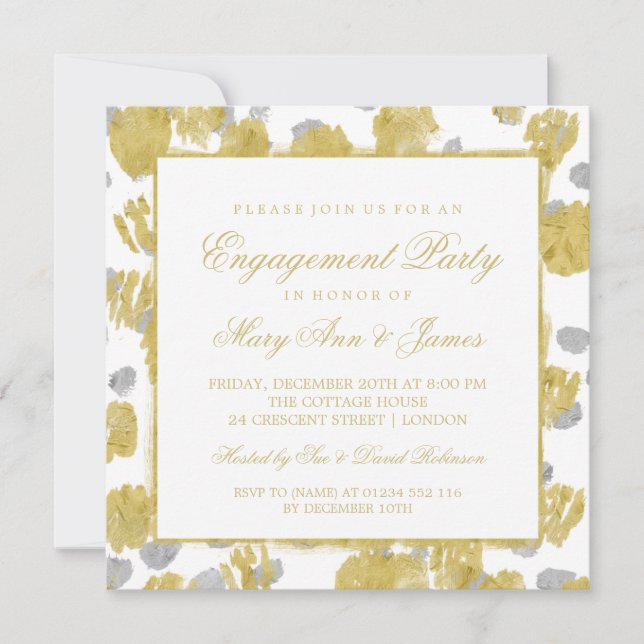 Engagement Party Gold & Silver Paint Strokes Invitation (Front)