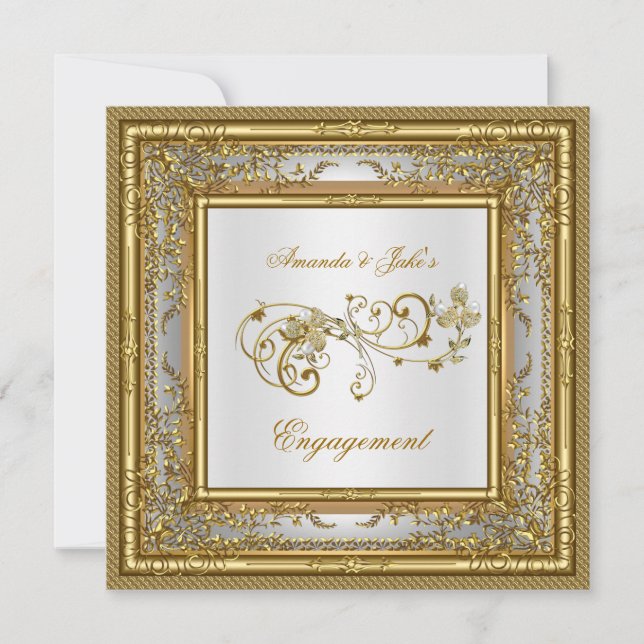 Engagement Party Gold White Damask Floral Invitation (Front)