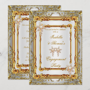 Engagement Party Gold White Damask Flowers Invitation